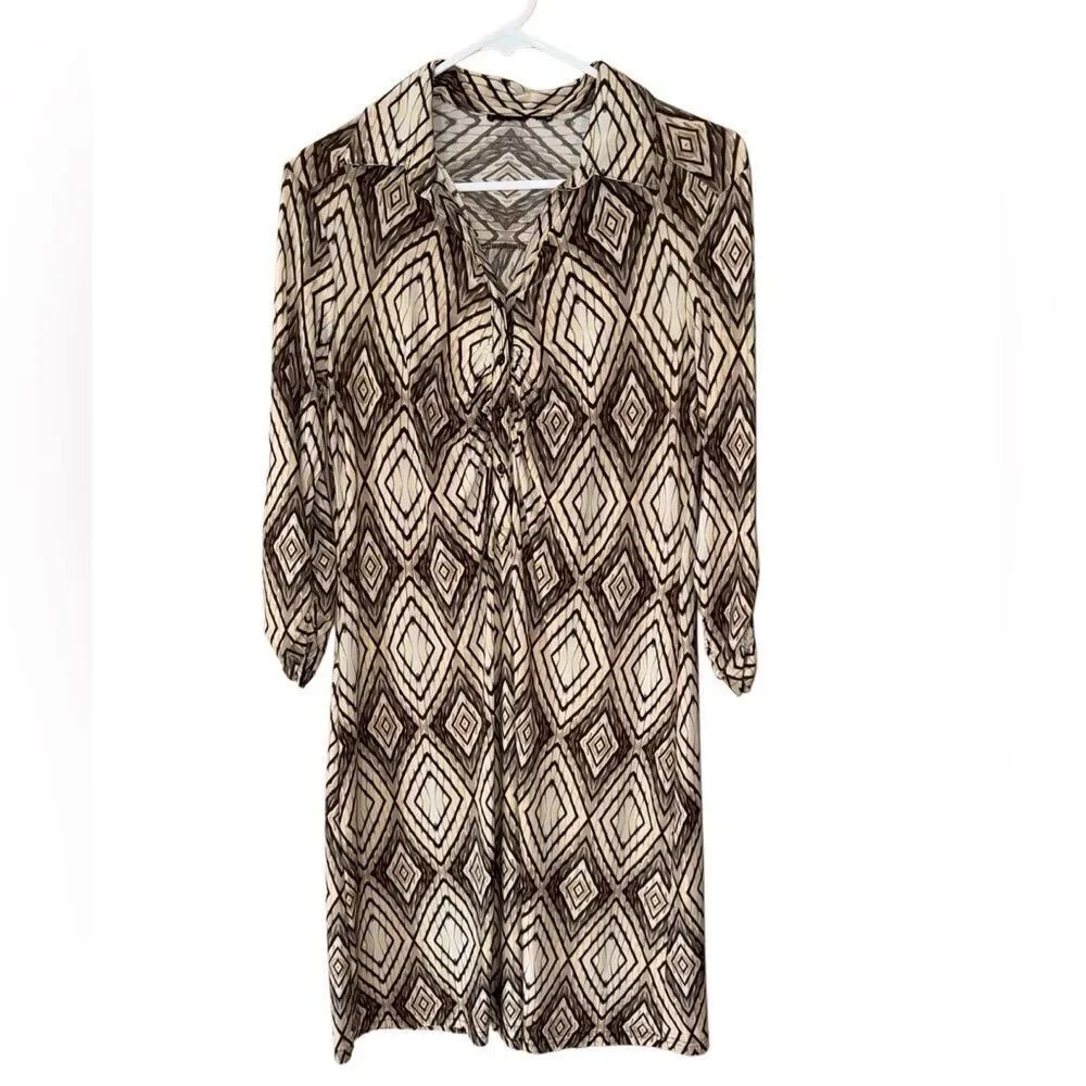 Women's Brown Cream Retro Midi V Neck Button Collar Dress Neutral Size Medium